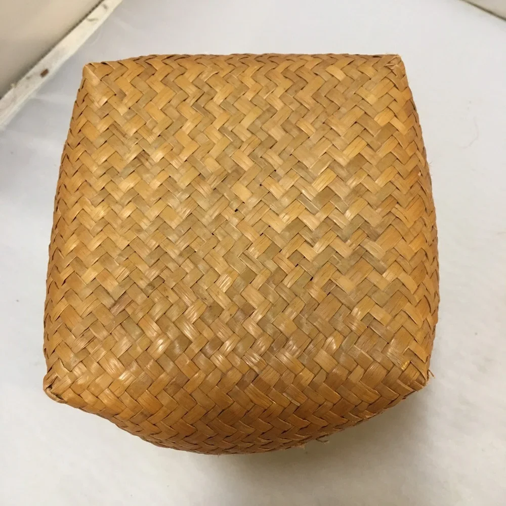 Woven Straw Basket Small Tan Handcrafted Square Base Storage Beach Coastal